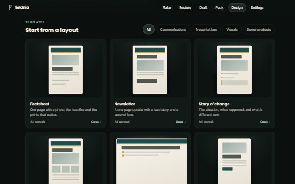 Fieldnia Design screen: choose a layout such as a factsheet, newsletter or story of change.