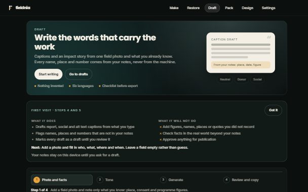 Fieldnia Draft screen: write captions, alt text and an impact story from a field photo and your own notes.