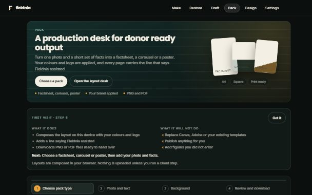 Fieldnia Pack screen: turn one photo and a few facts into a donor-ready factsheet, carousel or poster.