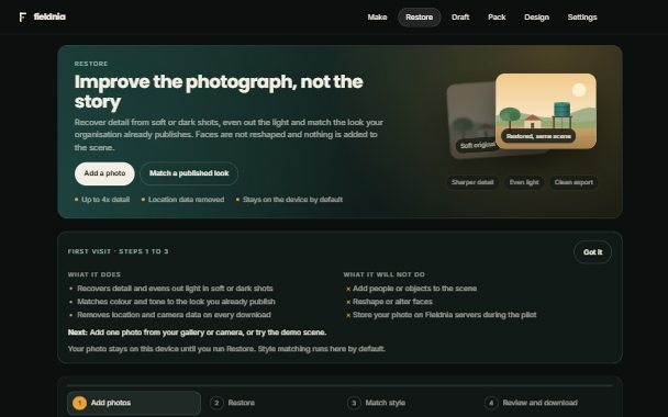 Fieldnia Restore screen: add a field photo, restore light and detail, match a published look and download a clean copy.